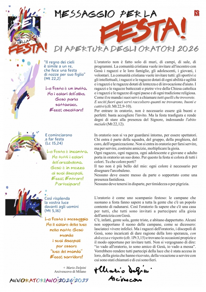 MESSAGGIO ARCIVESCOVO - FESTA ORATORIO 2026-27 - Oratorio dei Chiostri